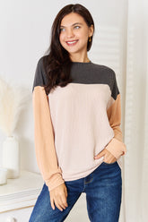 Double Take Color Block Dropped Shoulder T-Shirt Black OutfitFlow